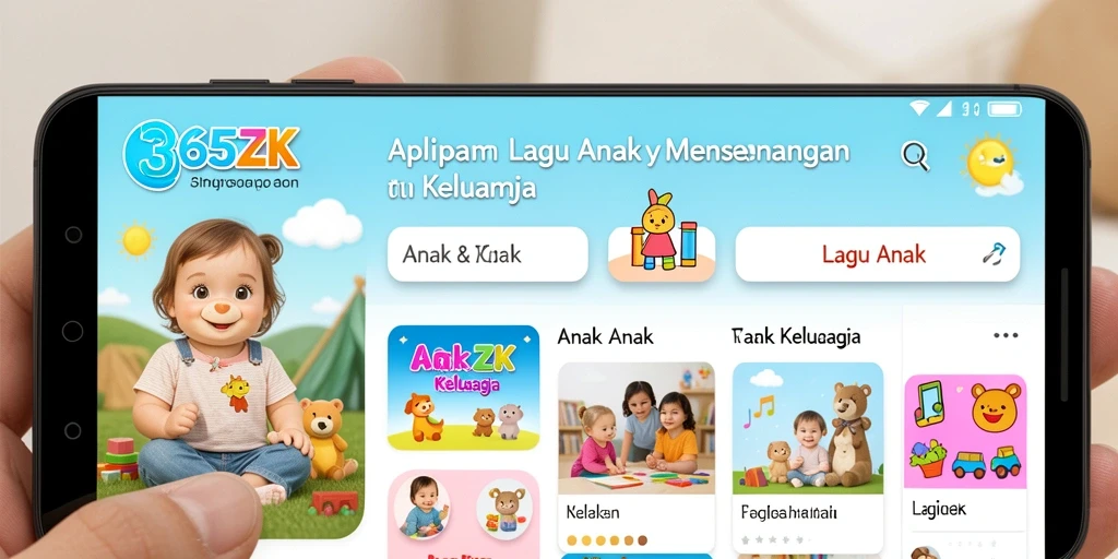 Screenshot aplikasi 365ZK dengan lagu-lagu anak yang ceria.