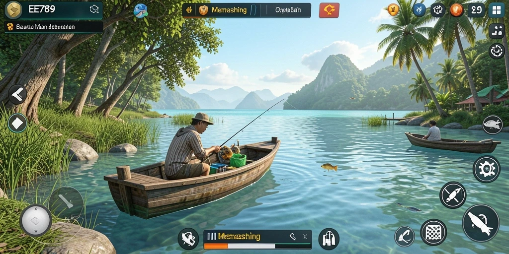 Screenshot antarmuka permainan EE789 dengan tampilan memancing yang realistis.