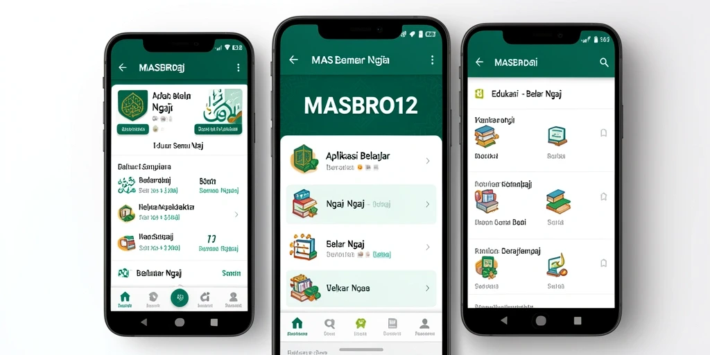Antarmuka aplikasi MASBRO12 yang ramah pengguna untuk belajar ngaji.