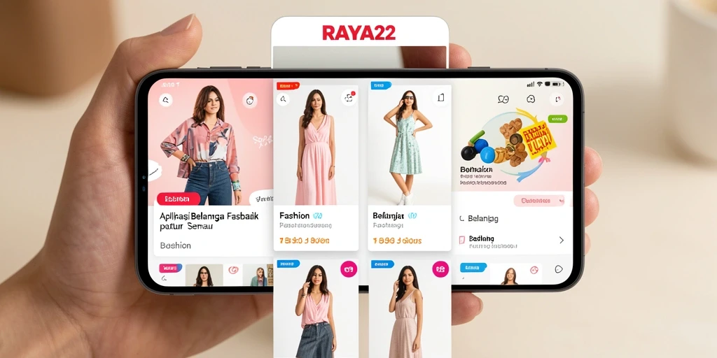 Tampilan antarmuka RAYA22 yang modern dan menarik untuk belanja fashion.